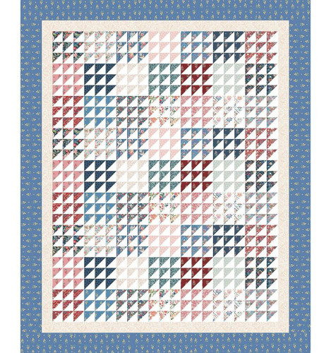 Windham Fabrics Tapestry Wholecloth Quilt Kit, decorative patchwork quilt with pink, red, blue, and floral patterns framed by a blue border with small gold accents.