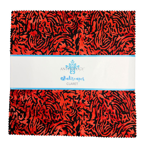 Windham Fabrics Anthology Batiks Claret Baliscapes Layer Cake Ten Inch Squares, vibrant red and black Batik fabric with abstract swirling pattern.