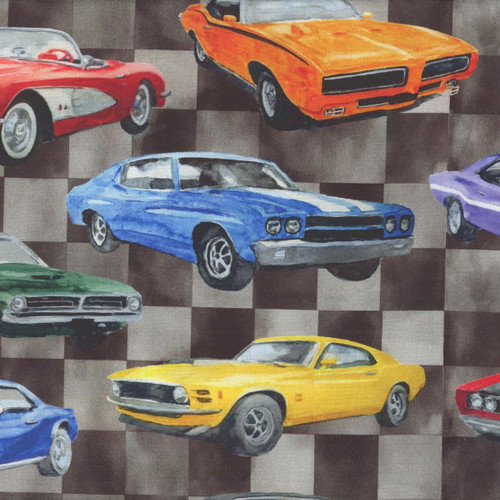 3 Wishes Fabric Road Runners Grey Muscle Cars Checkerboard, fabric design featuring colorful classic muscle cars on a checkered background.