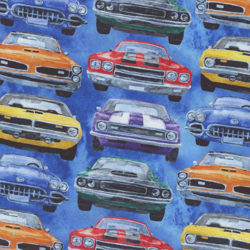 3 Wishes Fabric Road Runners Royal Blue Racing Muscle Cars, colorful vintage muscle cars pattern on blue background.