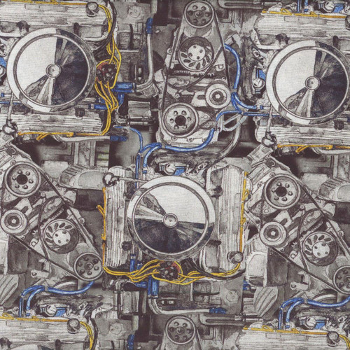 3 Wishes Fabric Road Runners Black Grey Car Engine Block, fabric pattern featuring an engine design with various engine parts in black and grey tones with accents of yellow and blue.