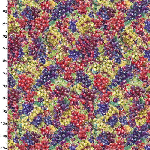 3 Wishes Fabric Wine O'Clock Courtney Morgenstern Red Purple Green Grapes Collage, detailed pattern of colorful grape clusters and leaves for quilting or craft projects.