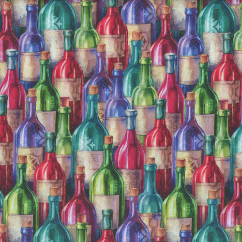 3 Wishes Fabric Wine O'Clock Courtney Morgenstern Watercolor Wine Bottles Red Green