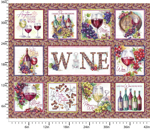 3 Wishes Fabric Wine O'Clock Courtney Morgenstern Red Green Purple Wine Panel