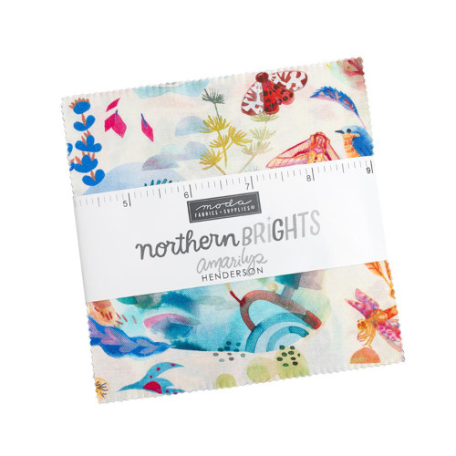 Moda Fabrics Northern Brights Amarilys Henderson Charm Pack Five Inch Squares, colorful fabric bundle with floral and abstract patterns.