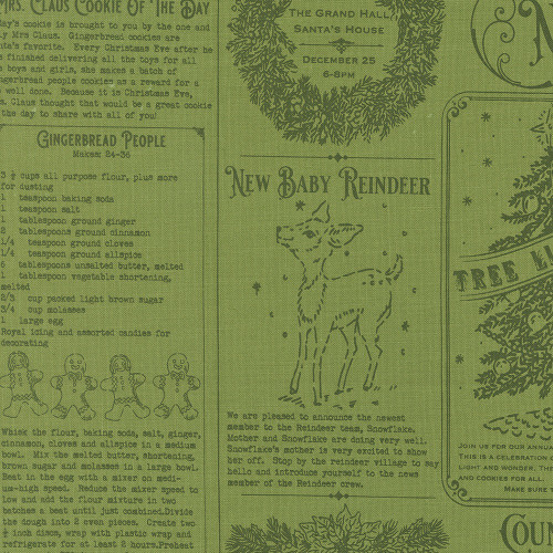 Moda Fabrics Holiday Cheer Stacy Iest Hsu North Pole News Text Mewsprint Mistletoe Green
