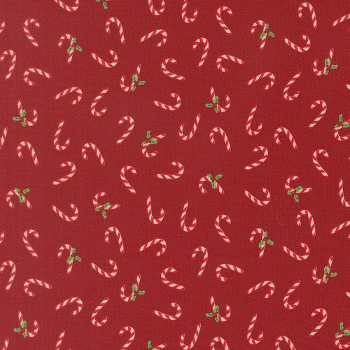 Moda Fabrics Holiday Cheer Stacy Iest Hsu Candy Canes Cardinal Red, Christmas-themed fabric with candy canes and holly leaves pattern on red background.