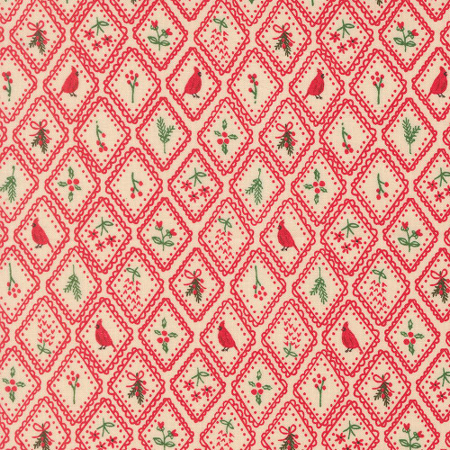 Moda Fabrics Holiday Cheer Stacy Iest Hsu Cardinal Christmas Charm Poinsettia Red, festive fabric with red cardinal birds, holly, berries, and Christmas ornaments in a holiday pattern.