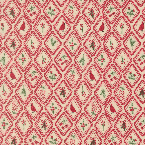 Moda Fabrics Holiday Cheer Stacy Iest Hsu Cardinal Christmas Charm Poinsettia Red, festive Christmas quilt fabric with red cardinal birds, holly, pine branches, bows, and holiday motifs on a cream background.