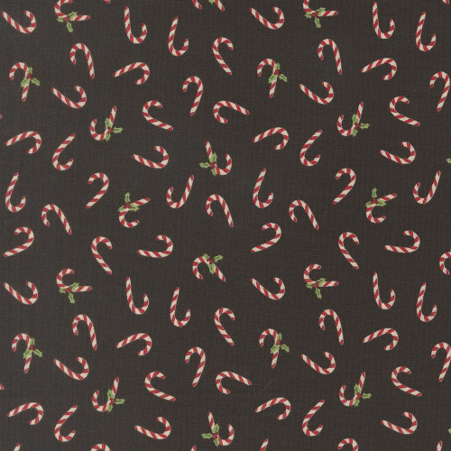 Moda Fabrics Holiday Cheer Stacy Iest Hsu Candy Canes Midnight Black, fabric with a pattern of red and white candy canes sprinkled on a dark black background.