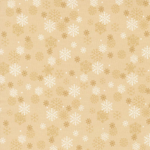 Moda Fabrics Holiday Cheer Stacy Iest Hsu Snowflake Snow Flurry Natural Cream, snowflake pattern fabric with white and gold snowflakes on a beige background.