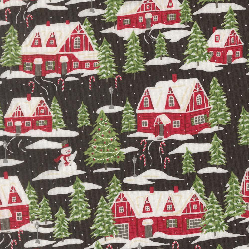 Moda Fabrics Holiday Cheer Stacy Iest Hsu Cardinals Village Scenic Midnight Black, a festive fabric pattern with red houses, snow-covered trees, a snowman, Christmas tree, candy canes, and snowflakes on a black background.