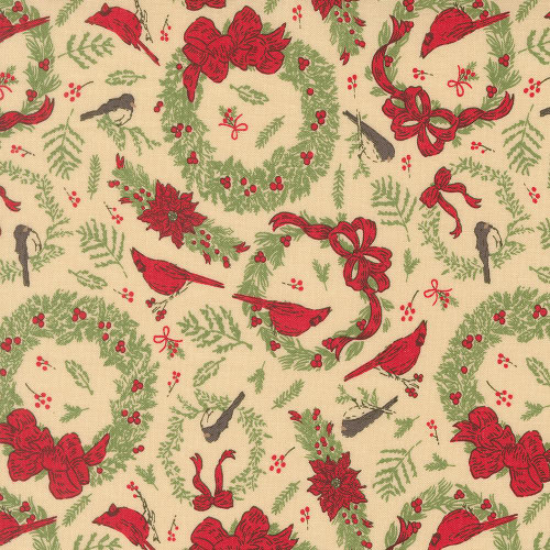 Moda Fabrics Holiday Cheer Stacy Iest Hsu Vintage Birds Cardinals Wreaths Natural, Christmas-themed fabric with red cardinals, green wreaths, poinsettias, ribbons, and holly berries on a cream background.