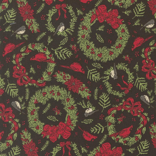 Moda Fabrics Holiday Cheer Stacy Iest Hsu Vintage Birds Cardinals Wreaths Midnight Black, festive Christmas pattern featuring red and green wreaths, bows, poinsettias, birds, and holly on a black background.