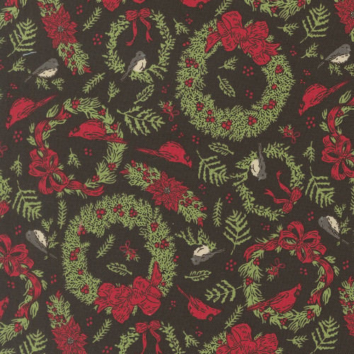 Moda Fabrics Holiday Cheer Stacy Iest Hsu Vintage Birds Cardinals Wreaths Midnight Black
