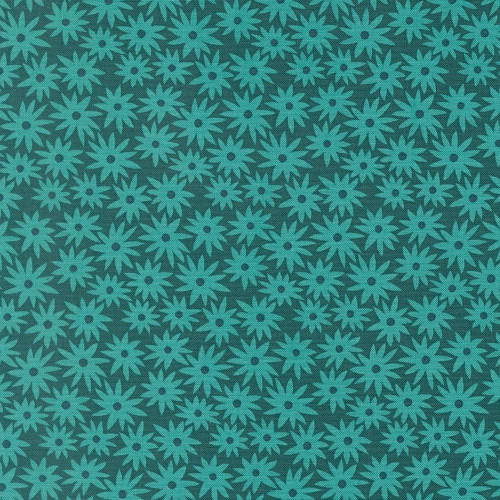 Moda Fabrics Scenery Elizabeth Hartman Sedum Floral Sedum Dark Teal Blue, floral patterned fabric with dark teal background and bright teal flowers.
