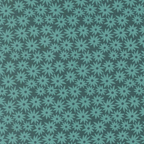 Moda Fabrics Scenery Elizabeth Hartman Sedum Floral Sedum Dark Teal Blue, fabric with a pattern of light teal flowers on a dark teal background.