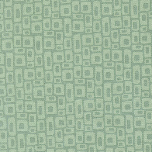 Moda Fabrics Scenery Elizabeth Hartman Marshmallow Geometrics Dusty Jade Aqua Blue, a fabric with a geometric pattern of interconnected squares and rectangles in shades of dusty jade and aqua blue.