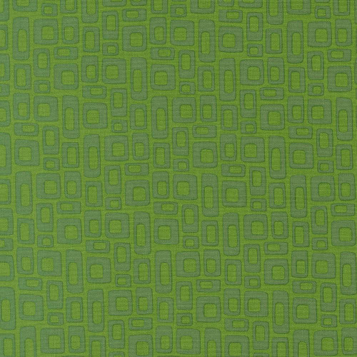 Moda Fabrics Scenery Elizabeth Hartman Marshmallow Geometrics Marshmallow Evergreen Green, a fabric with a green geometric pattern of rectangles and squares.