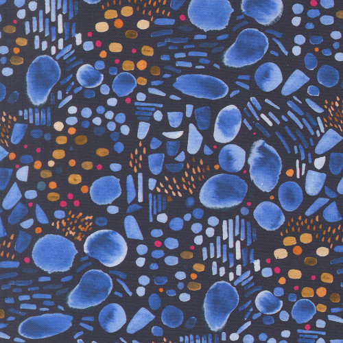 Moda Fabrics Northern Brights Amarilys Henderson Lake Pebbles Watercolor Night Sky Blue, fabric with abstract watercolor pebble and line patterns in shades of blue, orange, pink, and white on a dark background.