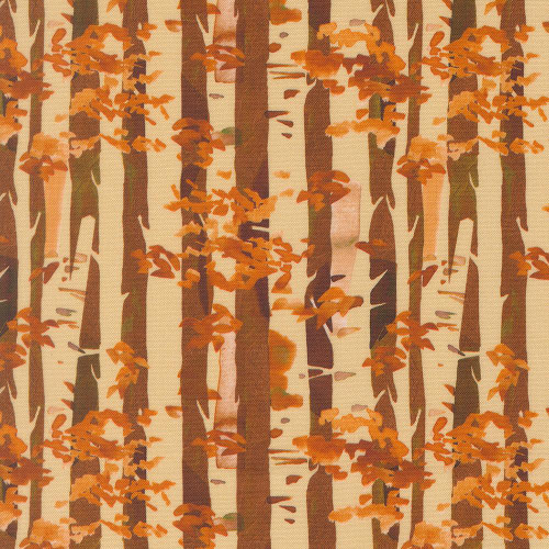 Moda Fabrics Northern Brights Amarilys Henderson Birch Stripe Cedar Brown, a fabric with a pattern of birch trees and orange autumn leaves.