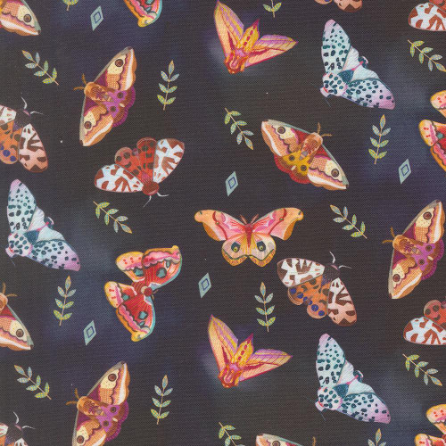 Moda Fabrics Northern Brights Amarilys Henderson Watercolor Moth Array Night Sky Black, colorful moths and small green leaves on a black background.