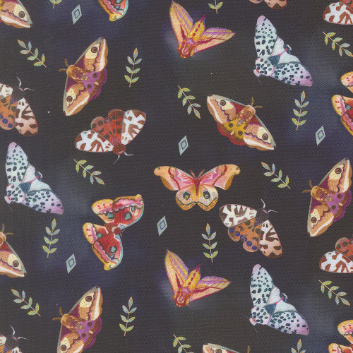 Moda Fabrics Northern Brights Amarilys Henderson Watercolor Moth Array Night Sky Black