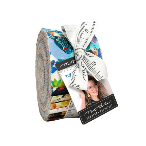 Moda Fabrics Northern Brights Amarilys Henderson Jelly Roll Fabric Strips, colorful fabric strips rolled into a bundle with a measuring tape and a ribbon tied around it.