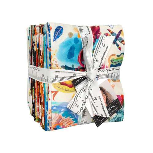 Moda Fabrics Northern Brights Amarilys Henderson 32 Fat Quarters, colorful fabric bundle with floral and butterfly prints, wrapped with a measuring tape and ribbon.