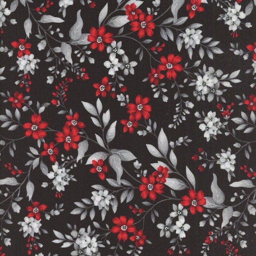Henry Glass Fabrics Scarlet's Treasure Color Principle Black Red Floral Vine, fabric with a black background featuring a floral vine pattern in red, white, and gray.