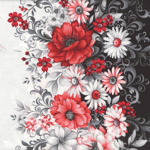 Henry Glass Fabrics Scarlet's Treasure Color Principle Red White Border Stripe, floral fabric pattern featuring large red poppies, white daisies, smaller red flowers, and gray swirling leaves on a dual-tone background.