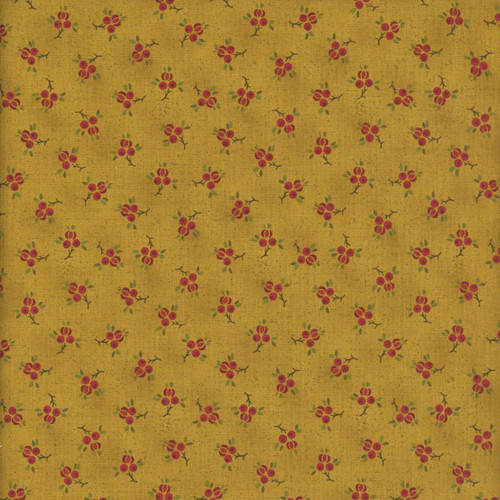 Henry Glass Fabrics Flower Pot Prints Kim Diehl Gold Plucked Pomegranates, fabric with a yellow background and small red pomegranate floral pattern.