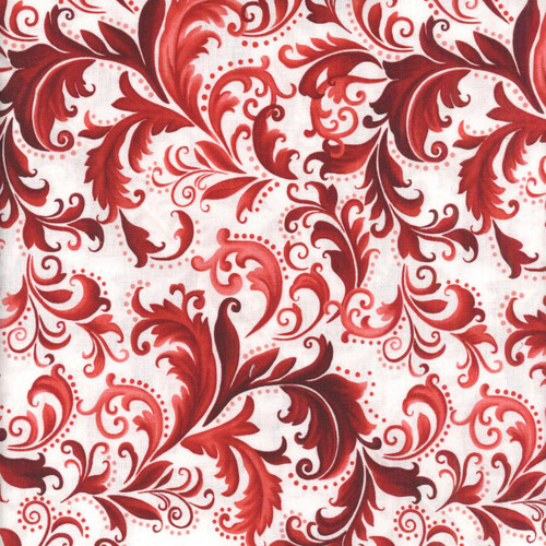 Henry Glass Fabrics Scarlet's Treasure Color Principle White Red Scrolls, fabric with a detailed red scroll pattern on a white background.