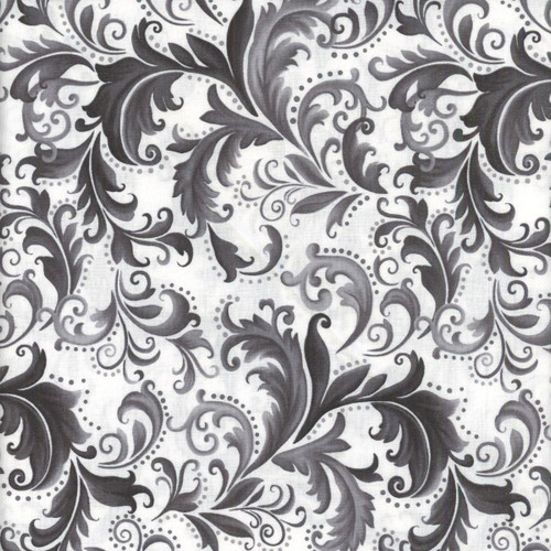 Henry Glass Fabrics Scarlet's Treasure Color Principle White Black Scrolls, fabric with a black and white scroll pattern design.