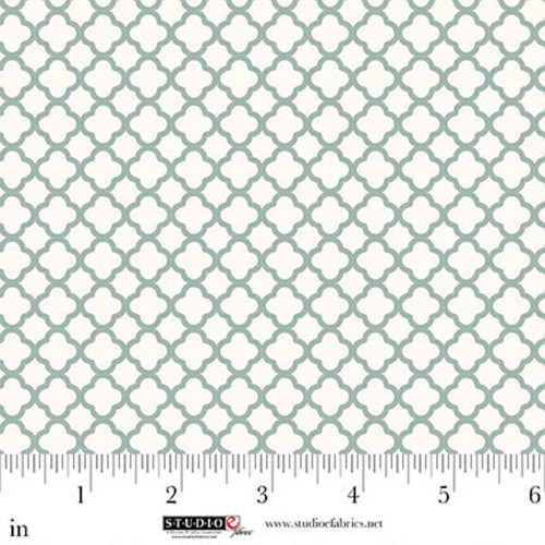 Studio E Fabrics Beautiful Bouquets Maureen Fiorellini Cream Green Lattice fabric, close-up view of the geometric lattice pattern in cream and green colors.