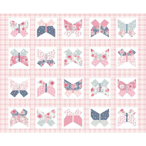 Studio E Fabrics Beautiful Bouquets Maureen Fiorellini Pink Multi Butterflies and Bows Cheater, fabric design featuring pink, blue, and white butterfly and bow patterns on a pink checkered background.