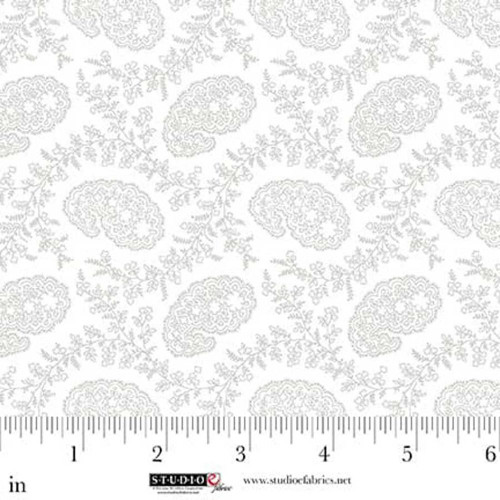 Studio E Fabrics Best of Cream and Sugar White on White Vines and Small Foulard, white fabric with delicate vine and small foulard pattern, measuring approximately 6 inches in width.