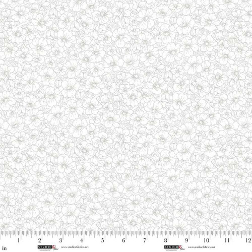 Studio E Fabrics Best of Cream and Sugar White on White Linear Floral, white fabric with a delicate linear floral pattern in cream and white colors.