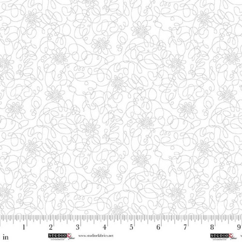 Studio E Fabrics Best of Cream and Sugar White on White Modern Art Floral fabric, featuring a subtle floral and swirl pattern in white on white with a measurement ruler at the bottom.