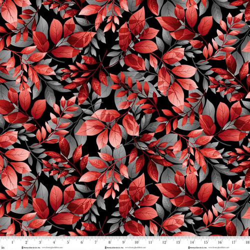 Henry Glass Fabrics Scarlet's Treasure Color Principle Black Red Leaves