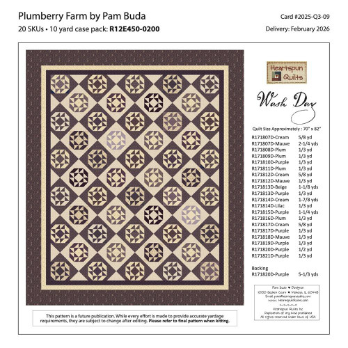 Marcus Fabrics Plumberry Farm Pam Buda Wash Day Quilt Pattern, quilting pattern with geometric and star motifs in neutral and purple tones.