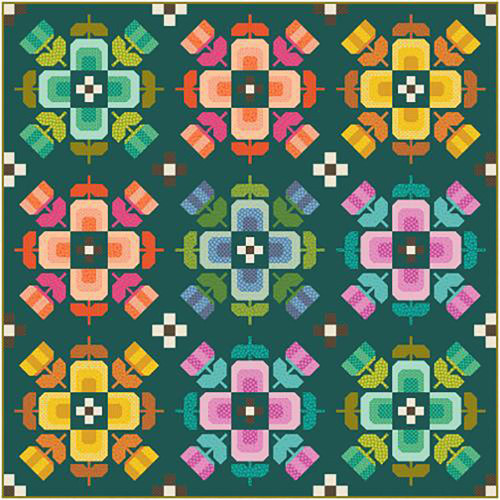 Moda Fabrics Scenery Elizabeth Hartman Scenery Quilt Kit, colorful geometric quilt pattern featuring symmetrical blocks with vibrant colors on dark background.