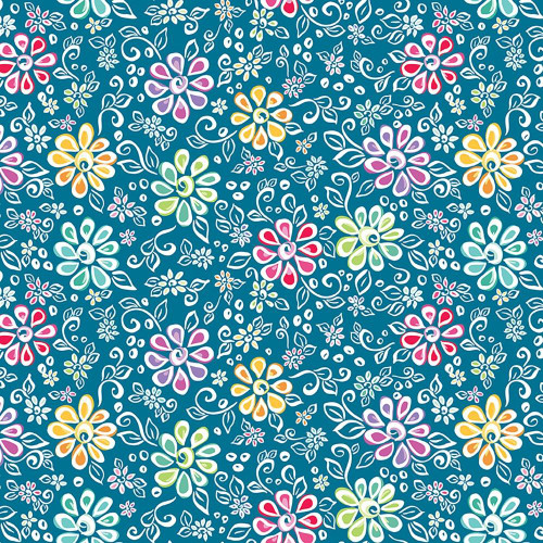 Riley Blake Fabrics Chasing Rainbows Leslie Ryan Main Paradise, colorful floral pattern on fabric with white outlines and multicolored flowers on a dark blue background.