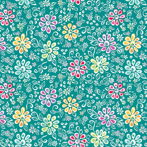 Riley Blake Fabrics Chasing Rainbows Leslie Ryan Main Teal, colorful floral pattern with white, purple, pink, yellow, and green flowers and swirls on a teal background.