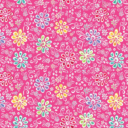 Riley Blake Fabrics Chasing Rainbows Leslie Ryan Main Pink, colorful floral pattern with white outlines on a vibrant pink background.