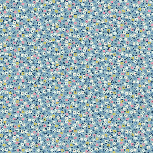 Riley Blake Fabrics Cath Kidston Signature Collection Teeny One Blue, floral fabric with small multicolored flowers on a blue background.