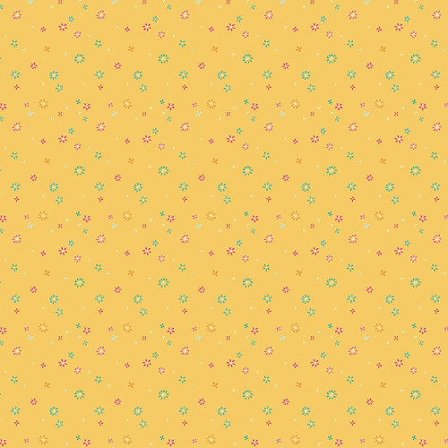 Riley Blake Fabrics Chasing Rainbows Leslie Ryan Garden Sprinkles Daffodil, colorful daisy and flower pattern on yellow fabric background.