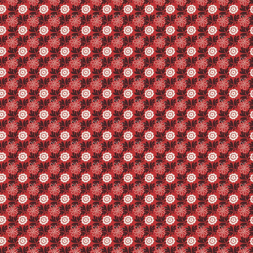 Riley Blake Fabrics Northanger Abbey Jane Austen Captain Red, floral pattern fabric with red, white, and black colors featuring small flowers and intricate vine details.