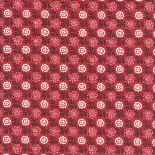 Riley Blake Fabrics Northanger Abbey Jane Austen Captain Red, floral patterned fabric with red background, white and pink flowers, and dark brown leaves.