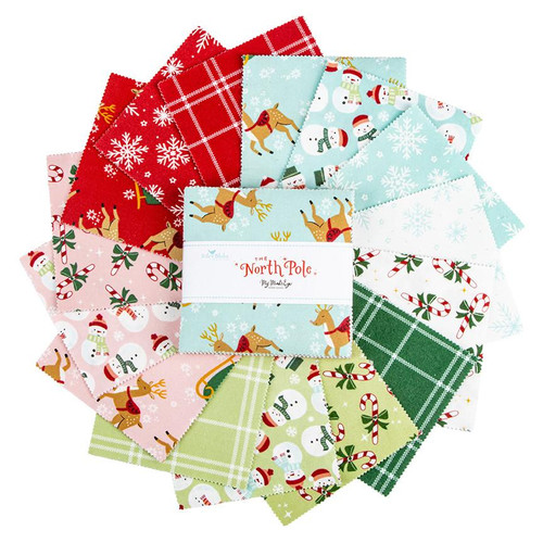 Riley Blake Fabrics The North Pole Flannel My Minds Eye 5 Inch Stacker, 42 Pcs, a collection of holiday-themed fabric squares with Christmas and winter designs including snowmen, reindeer, snowflakes, candy canes, and gingerbread men.